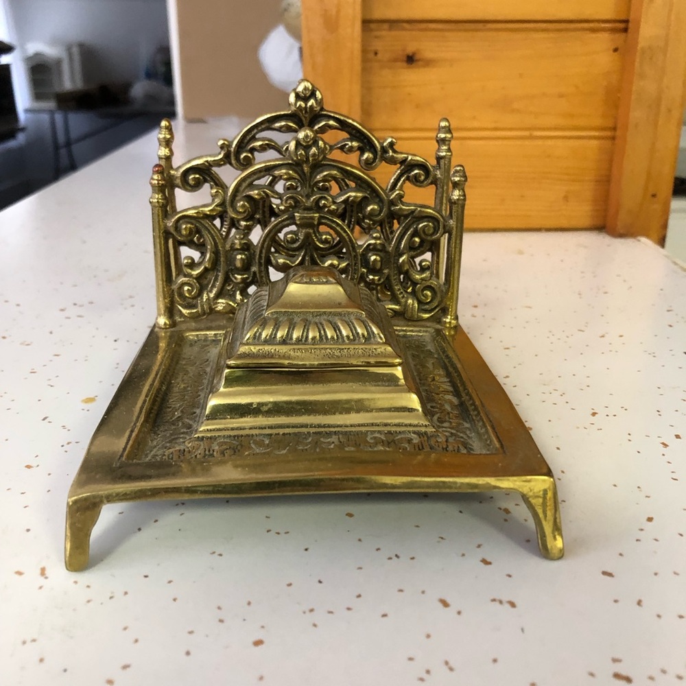 Antique Brass Ink Well Stand with Letter Holder